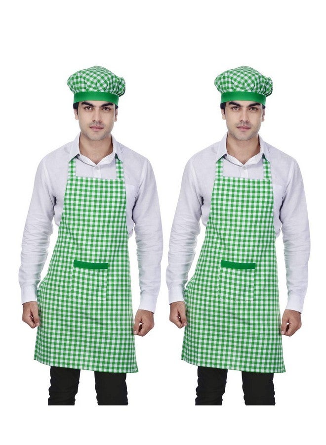 Switchon Switchen Checks Kitchen cotton chef's apron with Hat for Home Hotel and café pack of 2 - Green, Proudly Made in India - Image 1