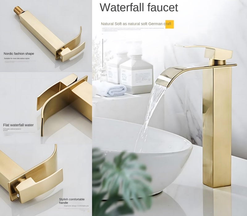 24x7 eMall Gold Waterfall Basin Tap Faucet MixerFor Bathroom Toilet Wash Basins Hot and Cold Water Golden Colour 12 Inch Height - Image 3