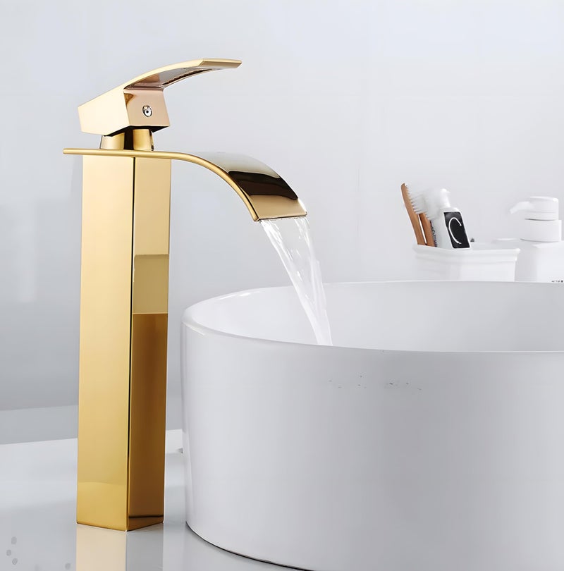 24x7 eMall Gold Waterfall Basin Tap Faucet MixerFor Bathroom Toilet Wash Basins Hot and Cold Water Golden Colour 12 Inch Height - Image 1