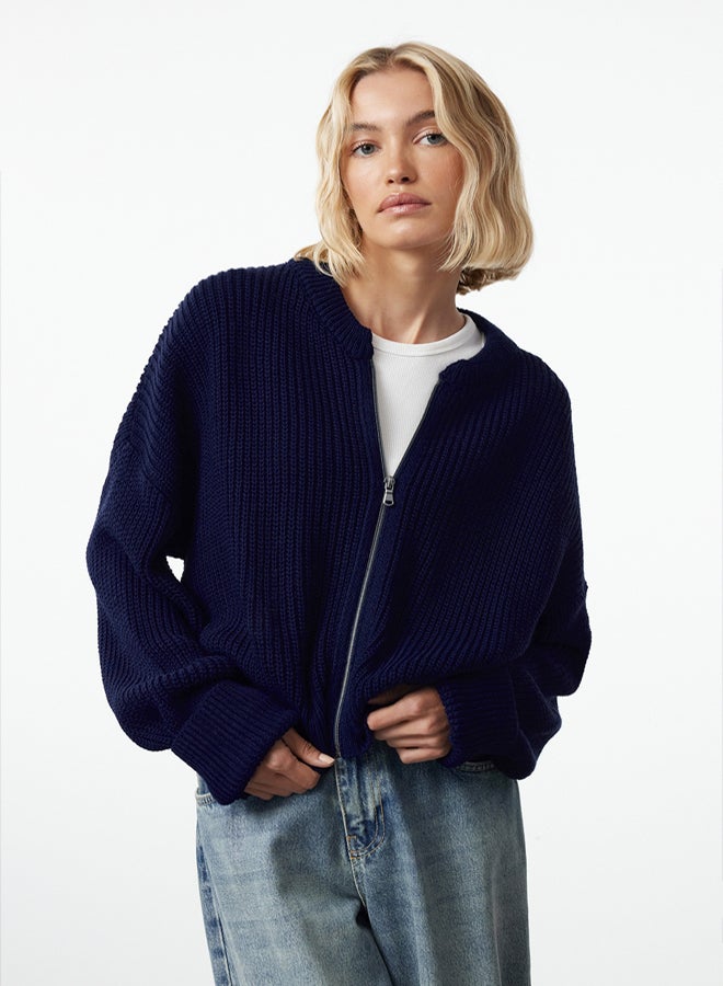 trendyol Navy Blue Wide Pattern Bomber Collar Zippered Knitwear Cardigan - Image 1