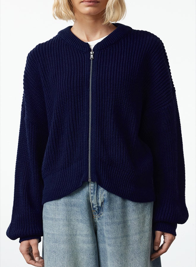 trendyol Navy Blue Wide Pattern Bomber Collar Zippered Knitwear Cardigan - Image 4