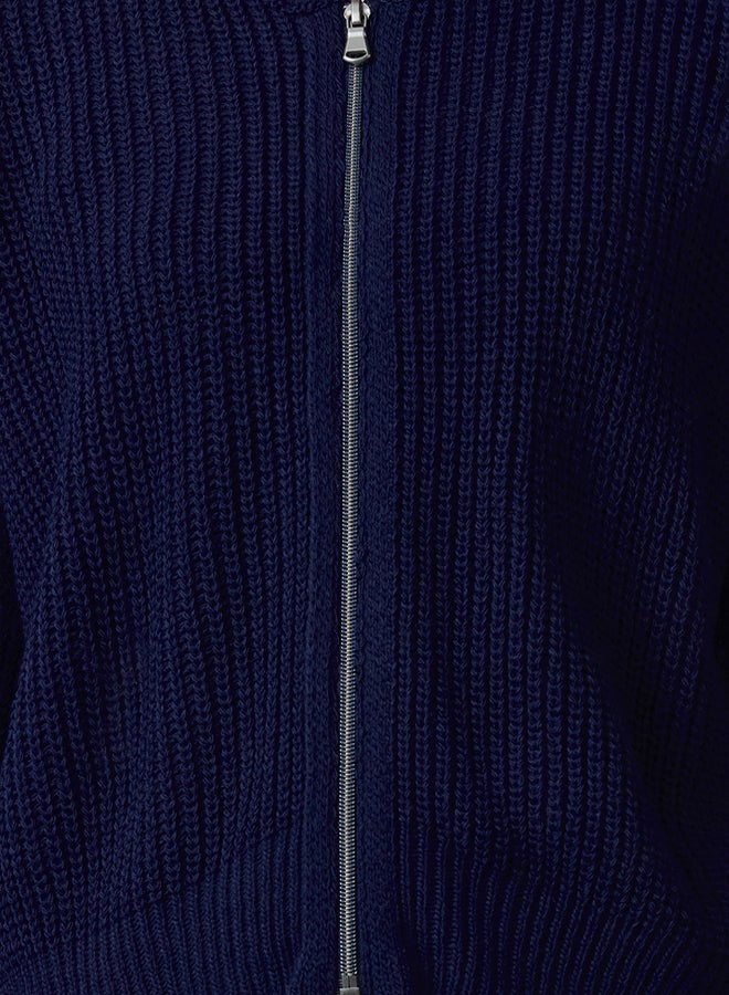 trendyol Navy Blue Wide Pattern Bomber Collar Zippered Knitwear Cardigan - Image 3