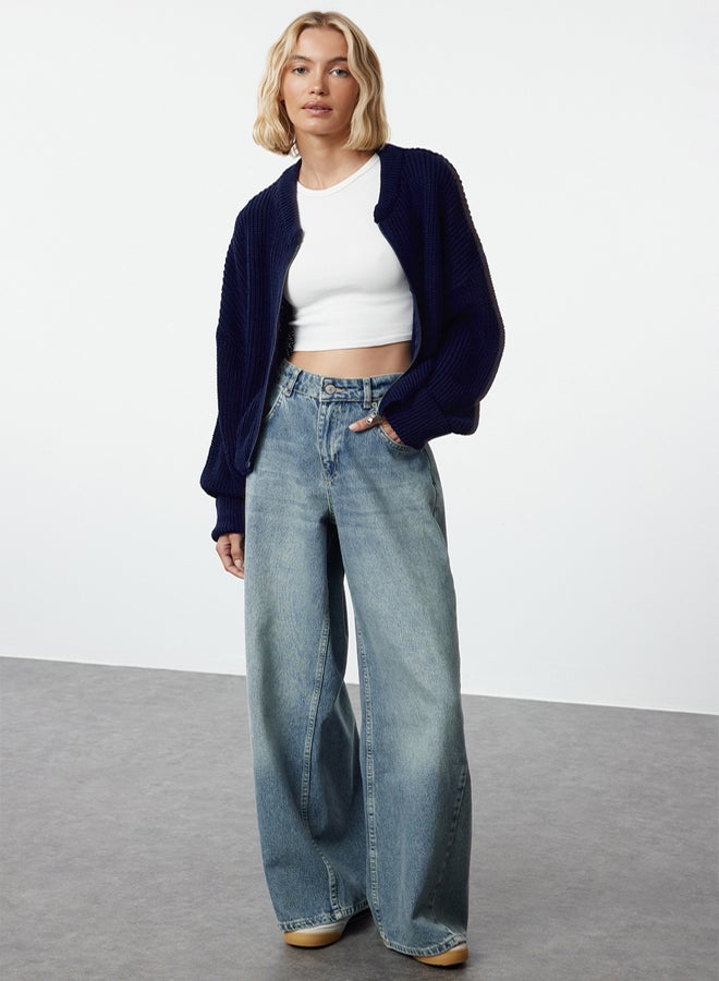 trendyol Navy Blue Wide Pattern Bomber Collar Zippered Knitwear Cardigan - Image 2