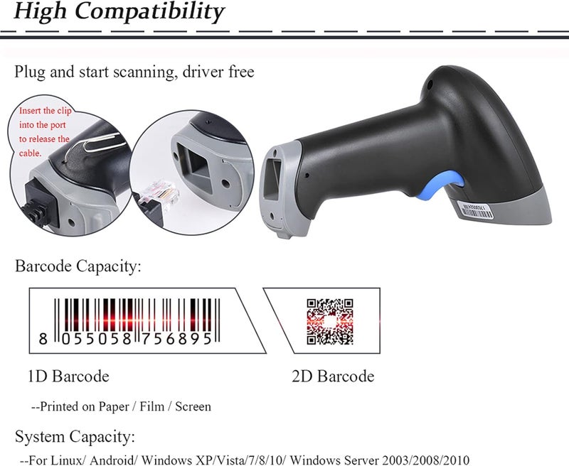 2D QR 1D USB Barcode Scanner CCD Red Light PDF417 Screen Scanning Bar Code Reader Support Multiple Language for Wechat Alipay Mobile Payment - Image 2