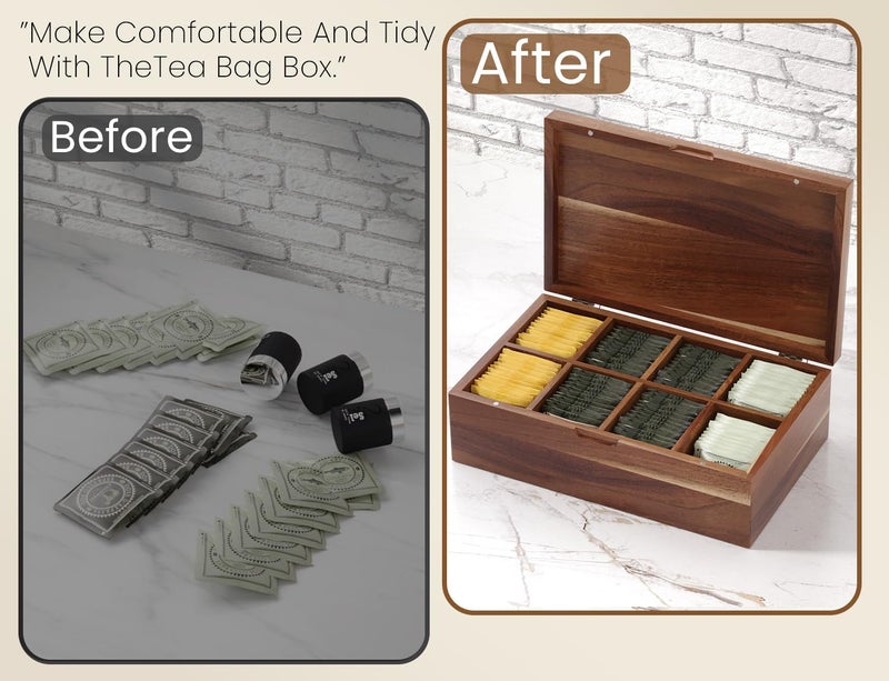 Danfoxer Acacia Wood Tea Bag Organizers, Tea and Sugar Packet Storage Chest with Lid, Wooden Teabag Holder Containers,Tea Box with 8 Compartments - Image 5