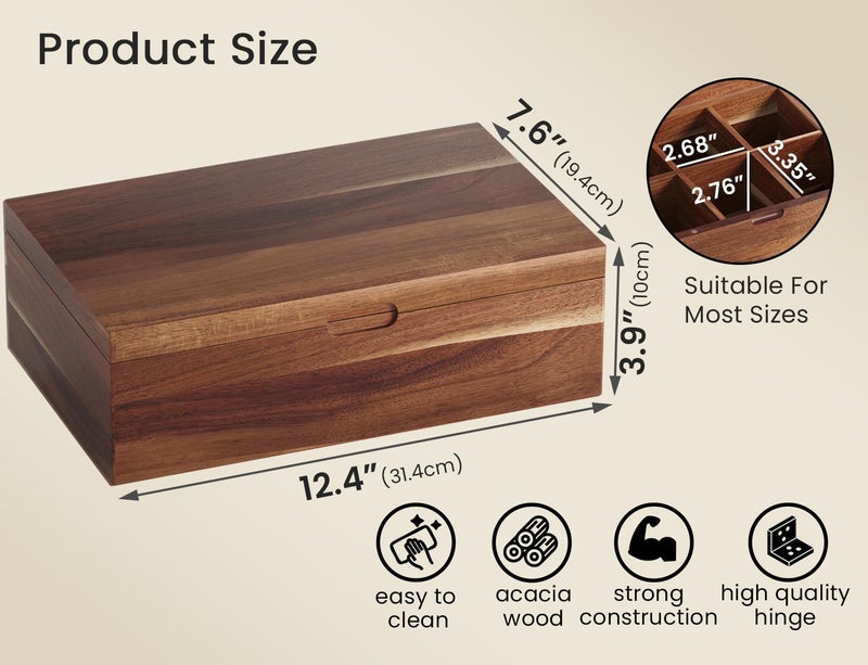 Danfoxer Acacia Wood Tea Bag Organizers, Tea and Sugar Packet Storage Chest with Lid, Wooden Teabag Holder Containers,Tea Box with 8 Compartments - Image 4