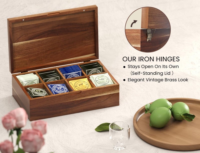 Danfoxer Acacia Wood Tea Bag Organizers, Tea and Sugar Packet Storage Chest with Lid, Wooden Teabag Holder Containers,Tea Box with 8 Compartments - Image 3