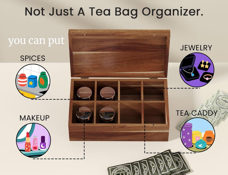 Danfoxer Acacia Wood Tea Bag Organizers, Tea and Sugar Packet Storage Chest with Lid, Wooden Teabag Holder Containers,Tea Box with 8 Compartments - Image 2