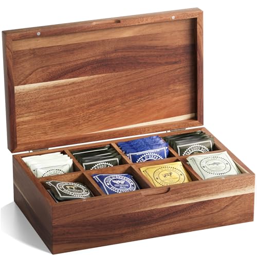 Danfoxer Acacia Wood Tea Bag Organizers, Tea and Sugar Packet Storage Chest with Lid, Wooden Teabag Holder Containers,Tea Box with 8 Compartments - Image 1