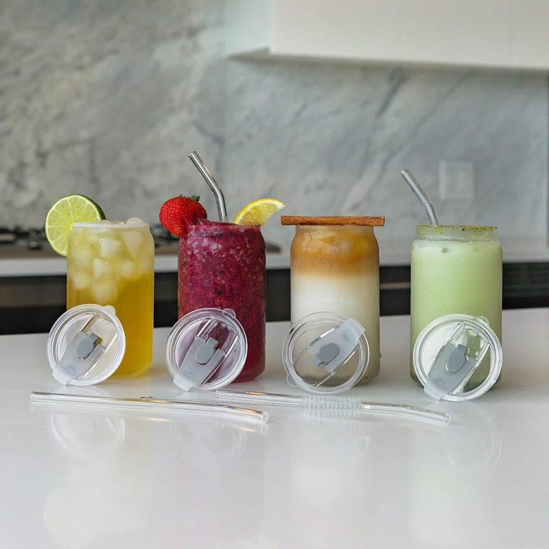 KELVEE Drinking Glasses with Lids and Glass Straw 1pcs Set 400ml Can Shaped Glass Cups Beer Glasses Iced Coffee Glasses Cute Tumbler Cup Ideal for Cocktail Whiskey Gift Tea 1 - Image 3