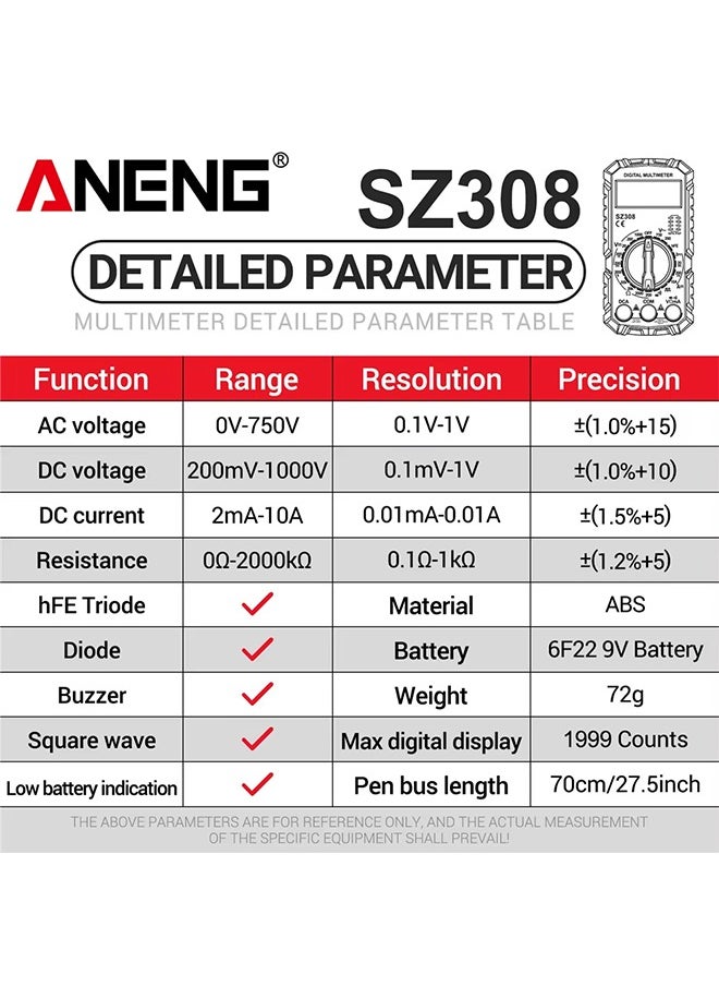 ANENG ANENG SZ308 Square Wave Digital Tester 1999 Counts HFE Triode Buzzer Multimeter AC/DC Voltage 10A Current Multimeters Meter Tool  - Image 2