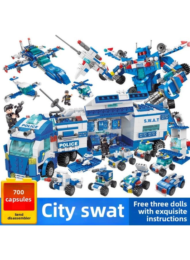 Compatible With Lego Building Blocks Assembled Toys Educational Boys Children Intelligence Small Particle Deformation Car Special Police Baby-Color:8663 Blue And White Special Police 700 Granular Bags [Feeder]]  - Image 1