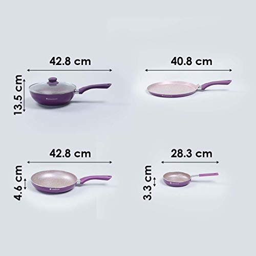Wonderchef Royal Velvet 5Pc Non-Stick Cookware Set for Kitchen, Fry Pan 24cm, Mini Fry Pan 14cm, Wok with Lid 24cm, Dosa Tawa 24cm, Non-Toxic, Gas Stove & Induction Friendly, 2-Yr Warranty, Purple - Image 3