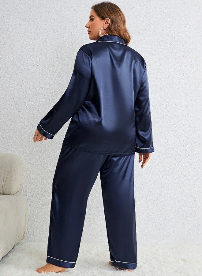 Loquat Women's Imitation Silk Large Size 2-Piece Set Nightgown Sleepwear Long Sleeve Lapel Top And Pants Soft Loungewear Pajamas Suit Navy Blue - Image 2
