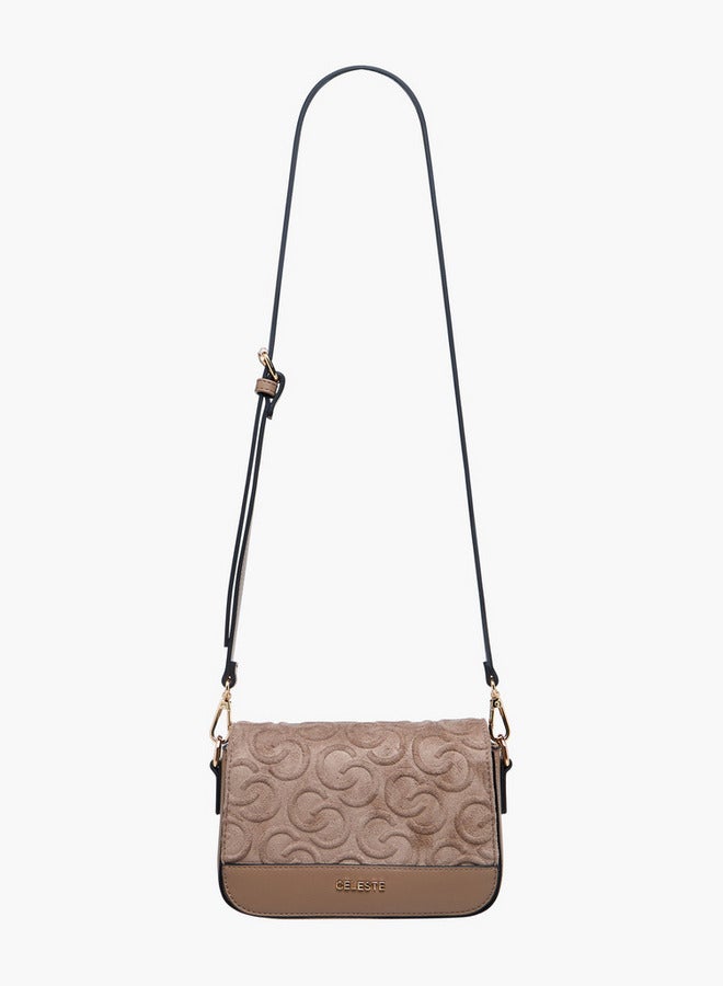 Celeste Monogram Embossed Suede Crossbody Bag with Flap Closure - Image 3
