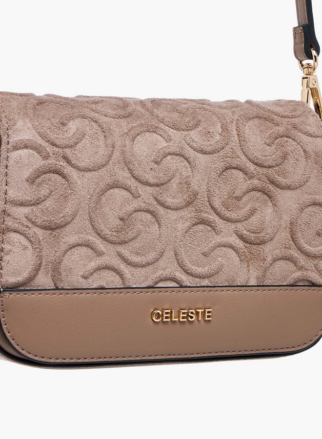 Celeste Monogram Embossed Suede Crossbody Bag with Flap Closure - Image 5