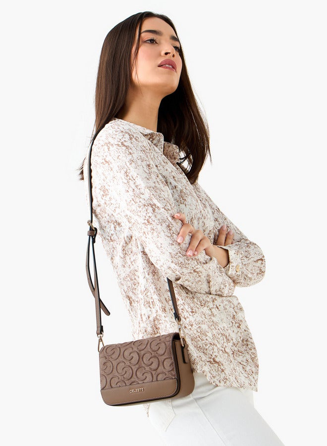 Celeste Monogram Embossed Suede Crossbody Bag with Flap Closure - Image 2