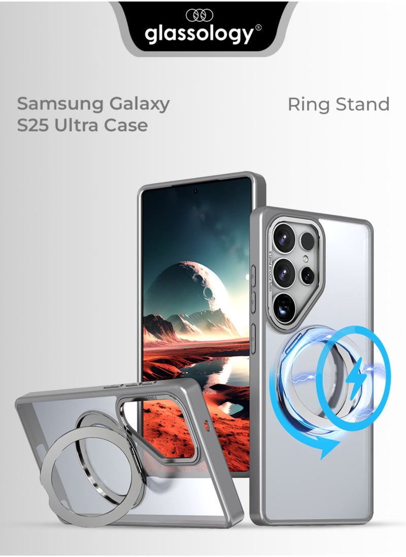 glassology - Samsung Galaxy S25 Ultra Magnetic Protective Slim Case, 360° Ring Stand, MIL-Grade Protection, Anti Yellowing, iCrystal Tech, Grey. - Image 1