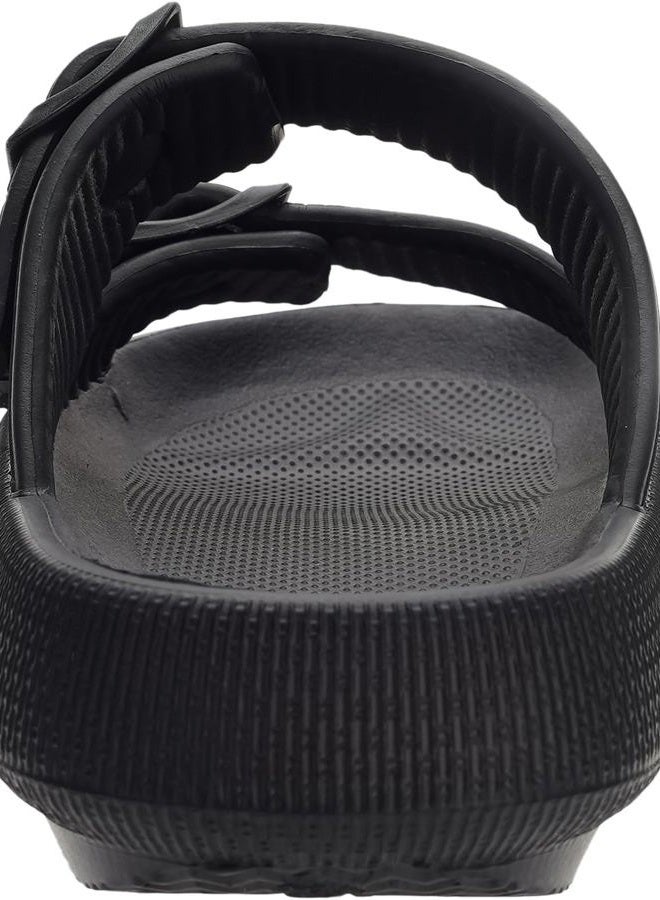 WHITIN Slides for Women Men Double Buckle Adjustable Thick Sole Pillow Slippers Bathroom Sandals, Black, 7.5-8.5 Women/6-7 Men - Image 3