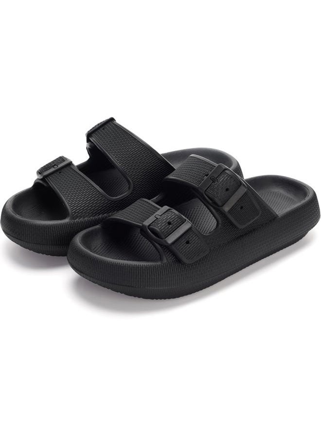 WHITIN Slides for Women Men Double Buckle Adjustable Thick Sole Pillow Slippers Bathroom Sandals, Black, 7.5-8.5 Women/6-7 Men - Image 2