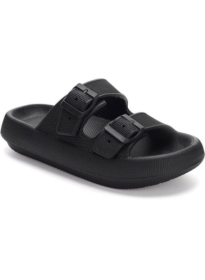 WHITIN Slides for Women Men Double Buckle Adjustable Thick Sole Pillow Slippers Bathroom Sandals, Black, 7.5-8.5 Women/6-7 Men - Image 1