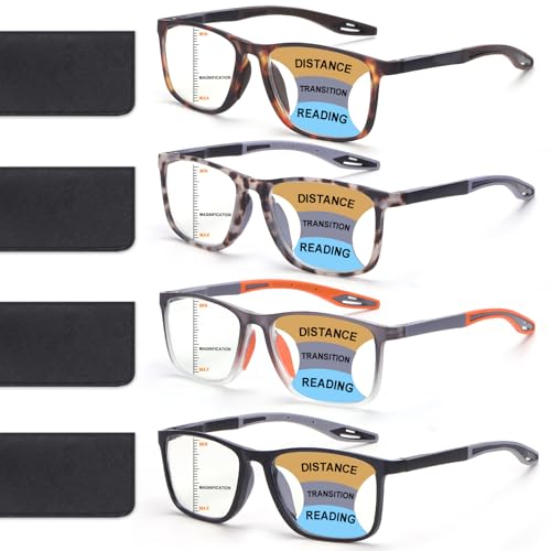 BLOEXCLU 4 Pack Progressive Multifocus Reading Glasses for Men Women TR90 Sports Style Anti-Blue Light Computer Readers (black & grey & leopard & grey leopard, 2, x) - Image 1