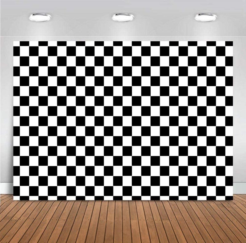 Fanghui Cosplay Party Banner Checkered Flag Photography Backdrop Vinyl 7x5ft Photo Background White and Black Racing Checker Texture Grid Birthday Chess Board Decoration Supplies Photo Booth Studio Props - Image 1
