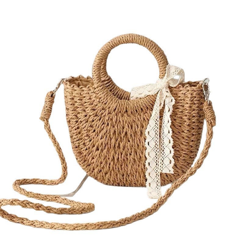 Women's Small Crossbody Woven Paper Rope Bag with Lace - Image 5