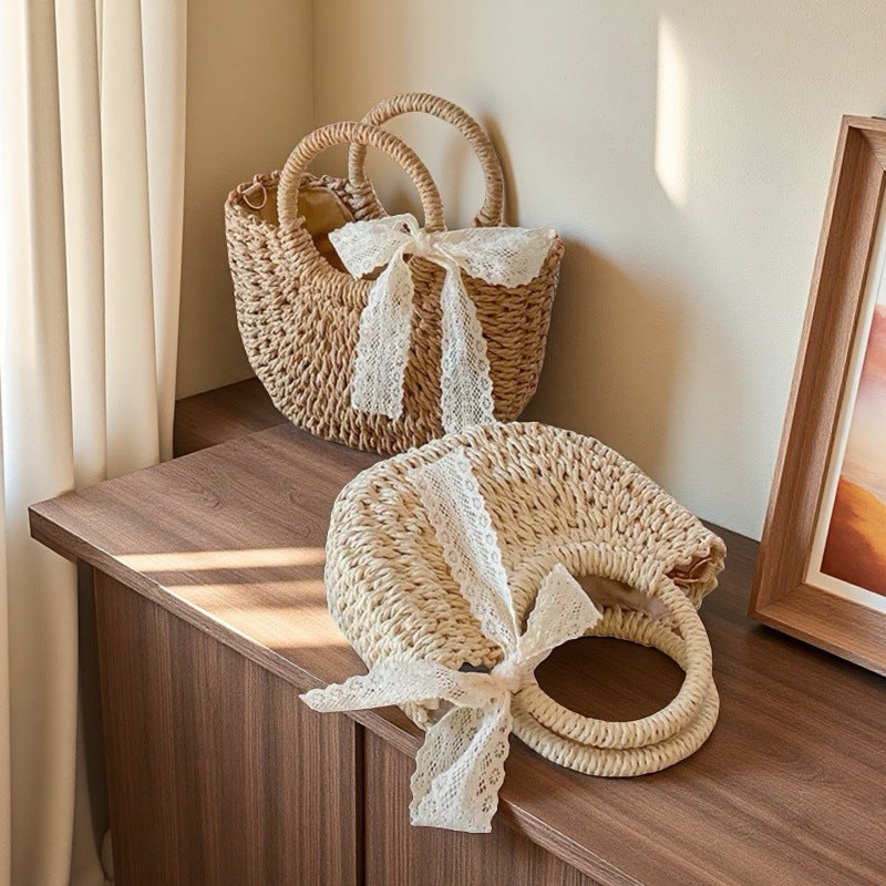 Women's Small Crossbody Woven Paper Rope Bag with Lace - Image 3