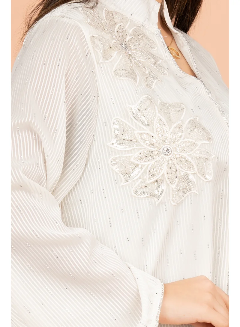 IKKXA Floral Fantasy Crystal Jalabiya with Elegant Stripes IK2018 White