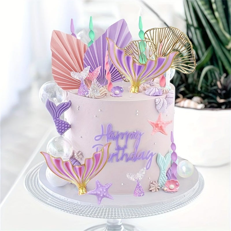 30 Pcs Mermaid Cake Topper Set Tails Seaweed Bubbles Shells Golden Ginkgo Leaves Under The Sea Cake Decor - Image 5