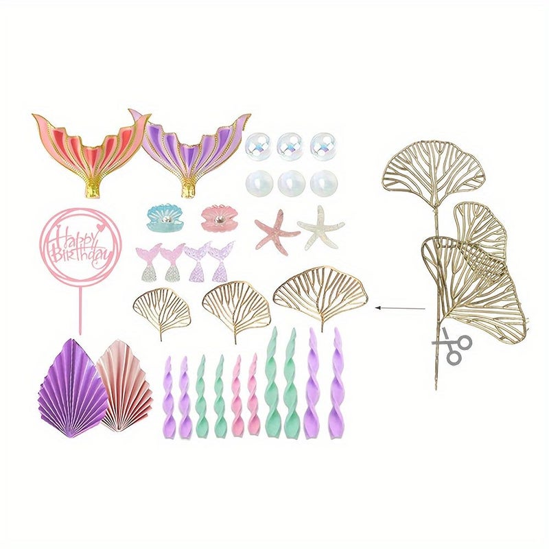 30 Pcs Mermaid Cake Topper Set Tails Seaweed Bubbles Shells Golden Ginkgo Leaves Under The Sea Cake Decor - Image 2