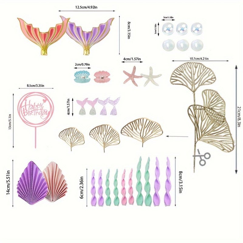 30 Pcs Mermaid Cake Topper Set Tails Seaweed Bubbles Shells Golden Ginkgo Leaves Under The Sea Cake Decor - Image 4