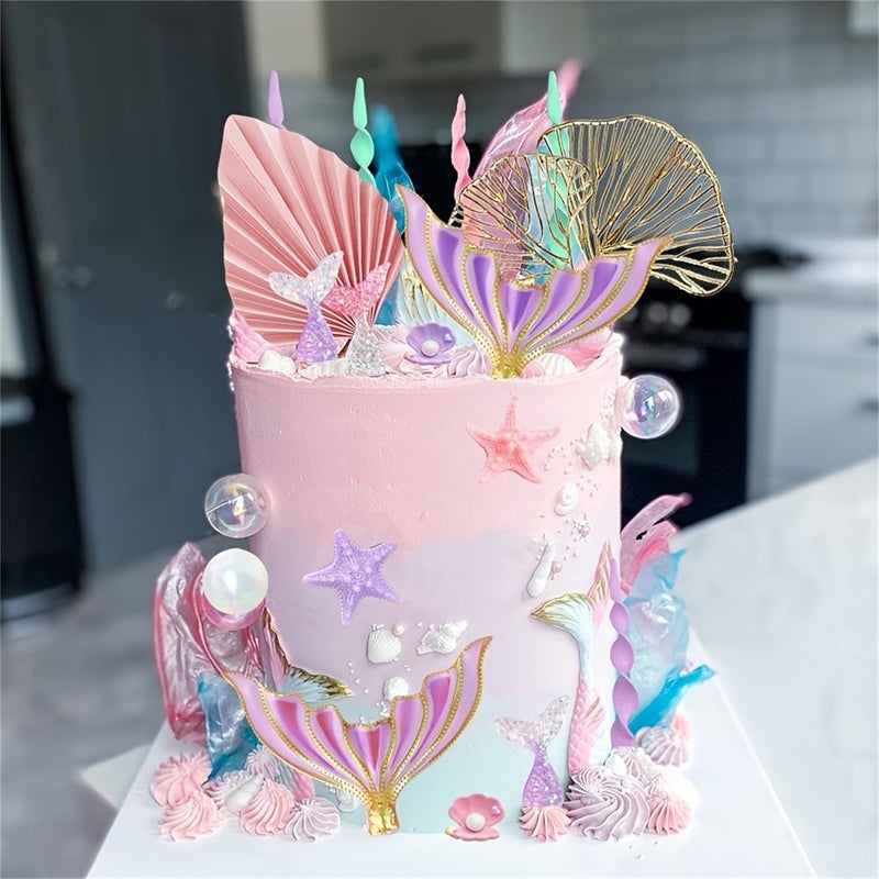 30 Pcs Mermaid Cake Topper Set Tails Seaweed Bubbles Shells Golden Ginkgo Leaves Under The Sea Cake Decor - Image 1