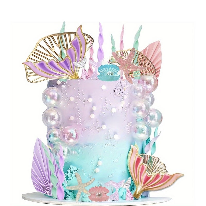 30 Pcs Mermaid Cake Topper Set Tails Seaweed Bubbles Shells Golden Ginkgo Leaves Under The Sea Cake Decor - Image 3