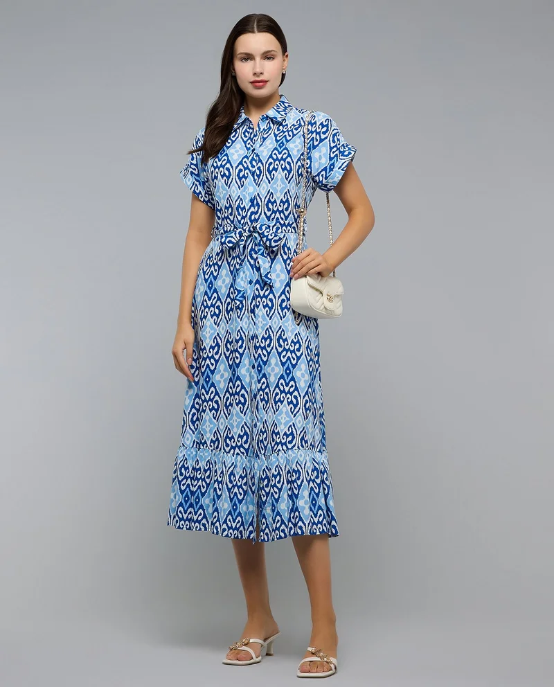 أر أند بي Patterned Shirt Dress with Classic Collar and Short Sleeves