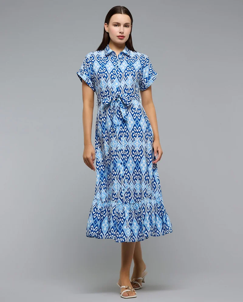 أر أند بي Patterned Shirt Dress with Classic Collar and Short Sleeves