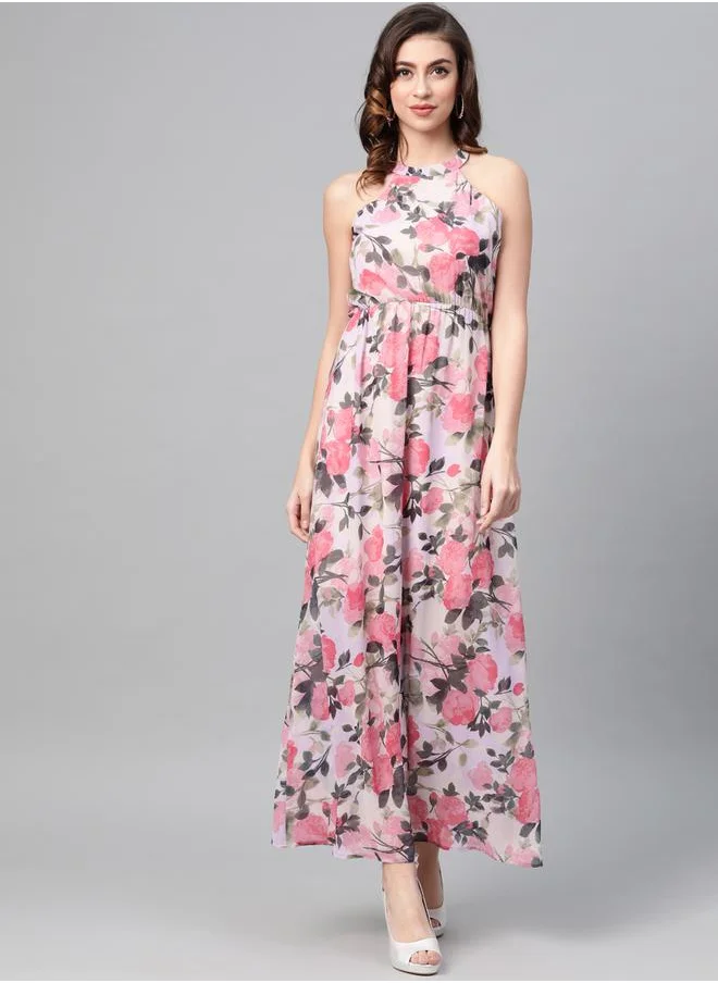 SASSAFRAS Floral Print Halter Neck Maxi Dress by Styli