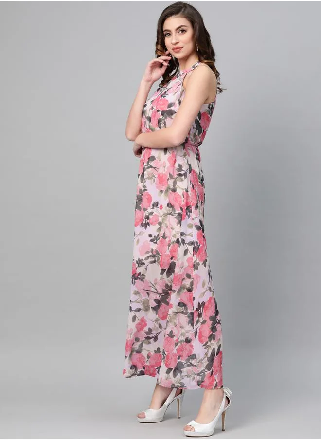 SASSAFRAS Floral Print Halter Neck Maxi Dress by Styli