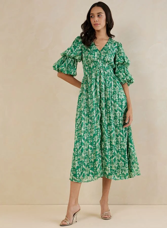 FEMELLA Floral Print Lurex A-Line Maxi Dress