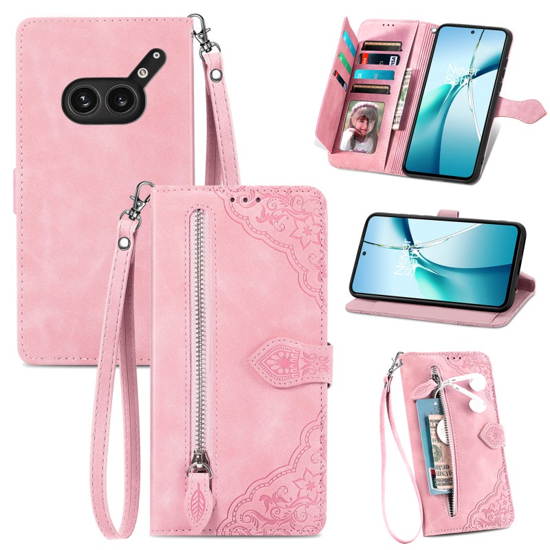 HuHa Case Cover For Nothing Phone 2a Plus Embossed Flower Zipper Leather Phone Case(Pink) - Image 1