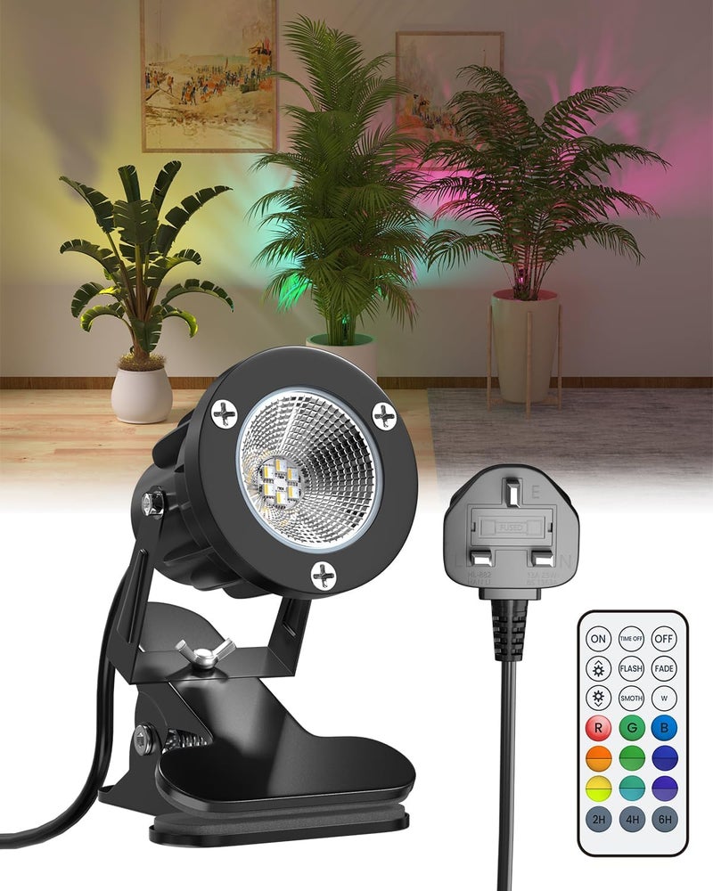 TobeBright 6W RGB LED Clip On Spot Light with Remote Control, Mains Powered Plug in Spot Light Indoor and Outdoor IP65 Water Resistant, 15 RGB Colours + Warm White 3000K, 1.78m Cord - Image 1