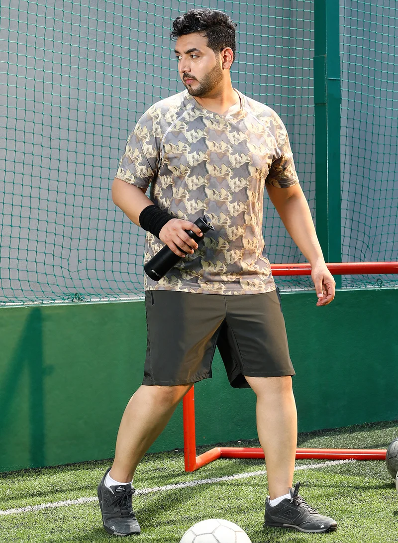 Instafab Plus Instafab Plus Men's Coin Grey & Ash Brown Flow-Lined Activewear T-Shirt For Casual Wear | Crew Neck | Short Sleeves | Plus Size Jersey T-Shirt Crafted With Comfort Fit For Everyday Wear