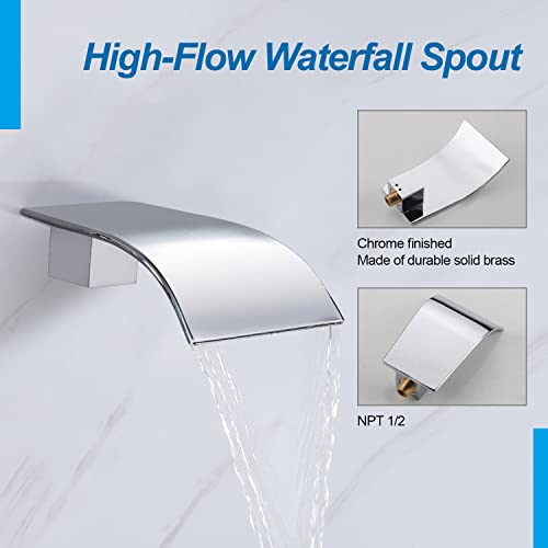 AZOS High Flow Tub Spout, Wall Mounted Waterfall Faucet Fixtures Filler for Bathroom Sink and Tub Shower, Chrome Sprayer - Image 2