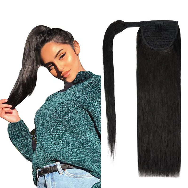 FAAAL 14 inch Ponytail Extension Human Hair 70g 1B Natural Black 100 Remy Human Hair Ponytail Long Straight Wrap Around Ponytail Human Hair Clip in Hair Extensions One Piece Hairpiece for Women