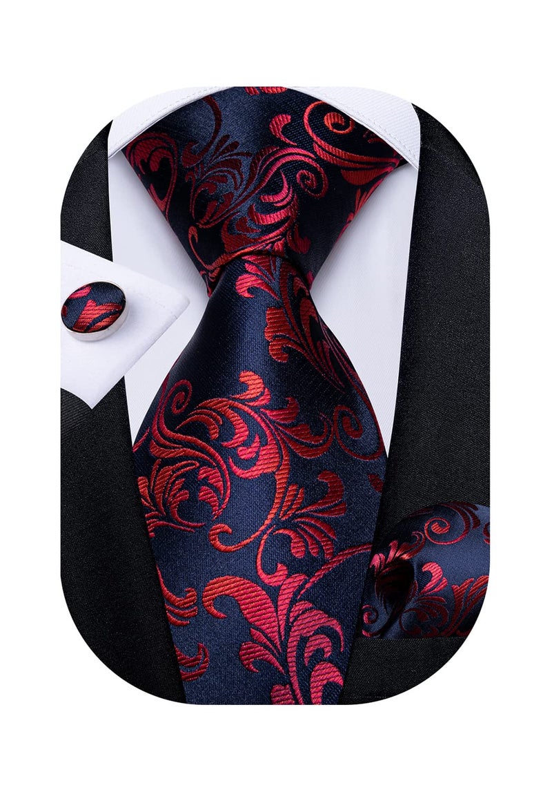 DiBanGu Mens Tie Set Silk Solid Paisley Necktie and Pocket Square Cufflinks Classic Formal Ties for Men Wedding Party, Red and Blue - Image 1
