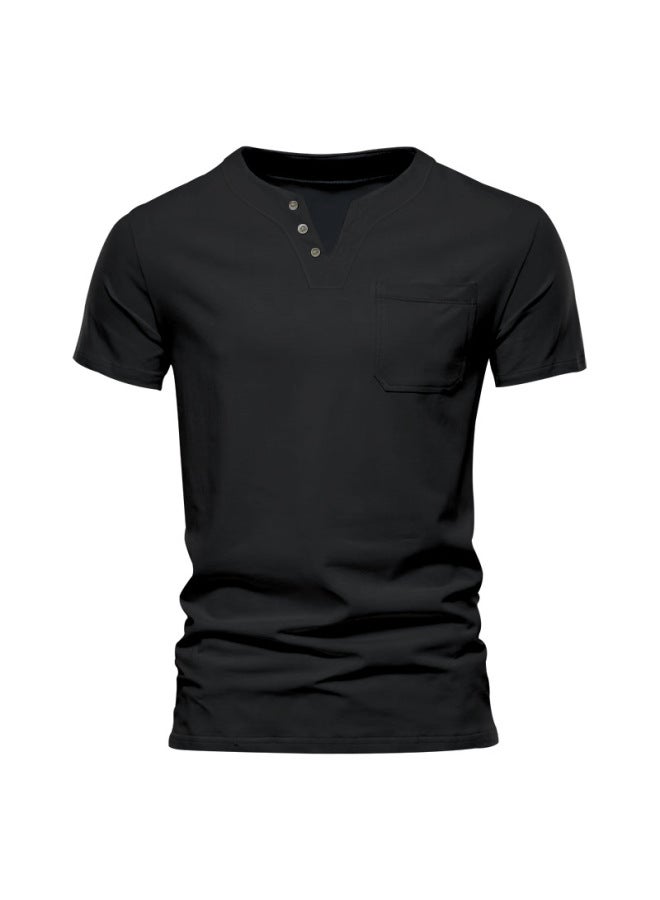 European And American Men's Summer Thin V-neck Solid Color Pocket Casual Breathable Big Size Short Sleeve T-shirt Men