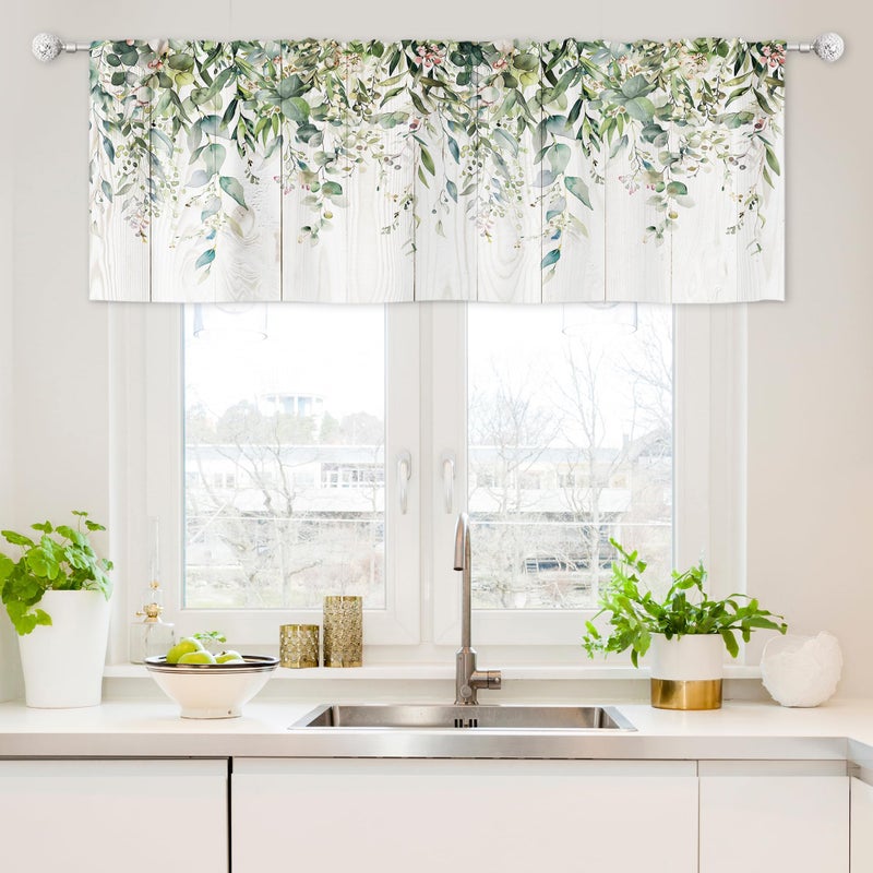 Riyidecor Riyidecor Green Eucalyptus Valances Curtains Watercolor Floral Plants Leaves on The Top Botanical Farmhouse Wood Plank Rod Pocket for Women Bedroom Living Room Treatment Fabric 1 Panel 52Wx18H Inch 