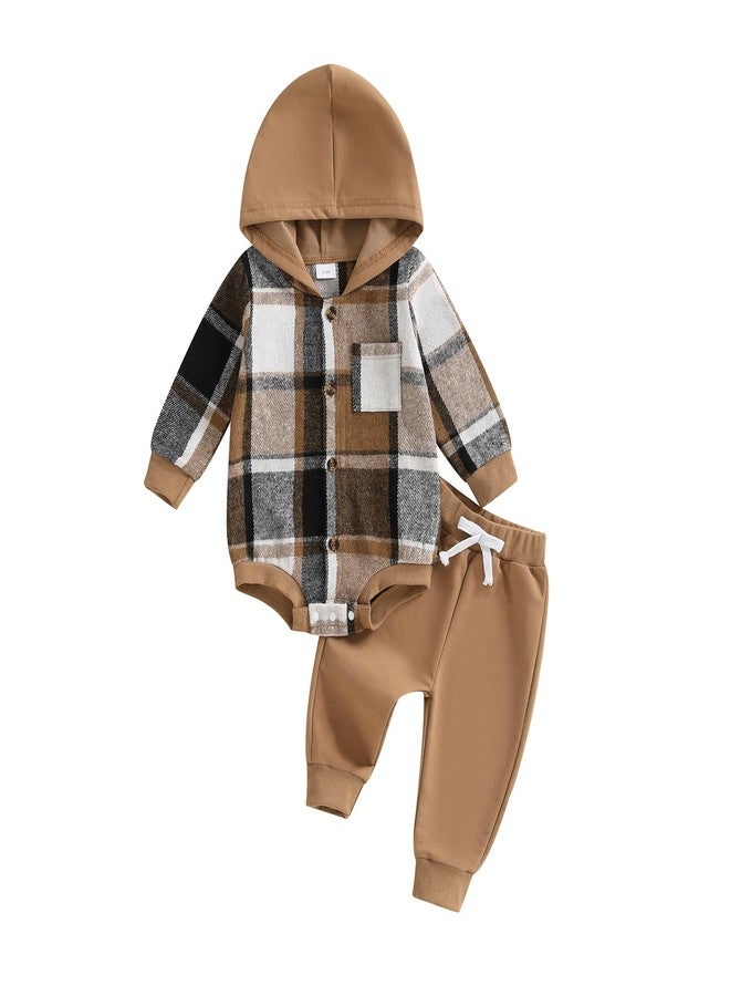 Douhoow Infant Baby Fall Clothes Boy Girl Plaid Hoodie Sweatshirt Romper Flannel Tops+ Sweatpants Festival Outfits (Brown, 0-6 Months) - Image 1