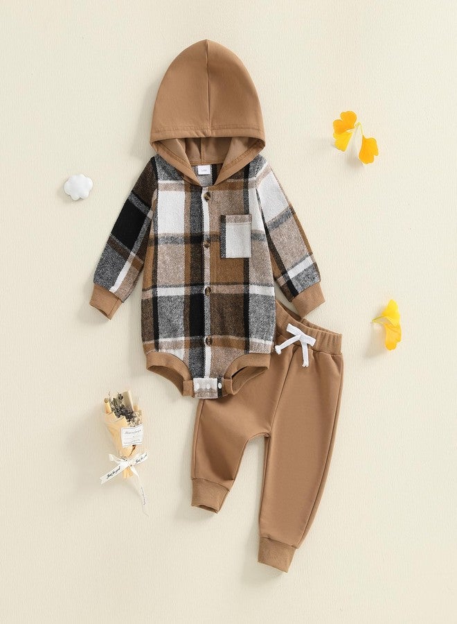 Douhoow Infant Baby Fall Clothes Boy Girl Plaid Hoodie Sweatshirt Romper Flannel Tops+ Sweatpants Festival Outfits (Brown, 0-6 Months) - Image 2